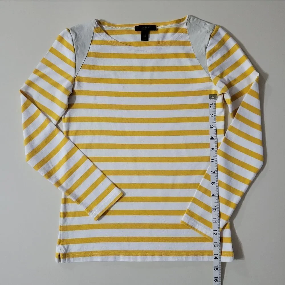 J.Crew Women's Crewneck Yellow Stripe Suede Shoulder Long Sleeve Pullover Top